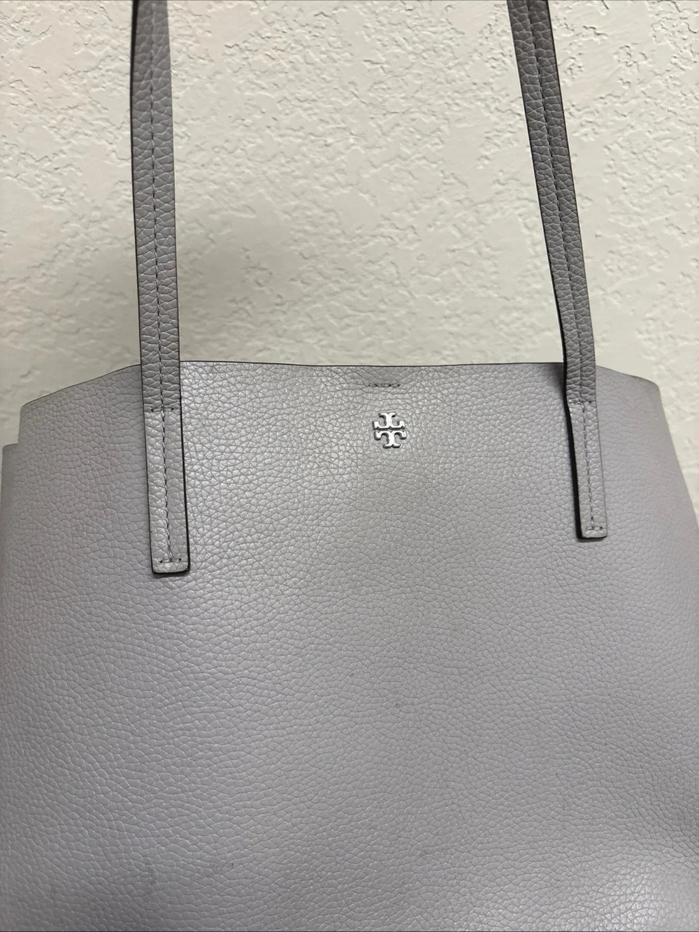 Tory Burch Light Gray Pebbled Leather Tote Bag